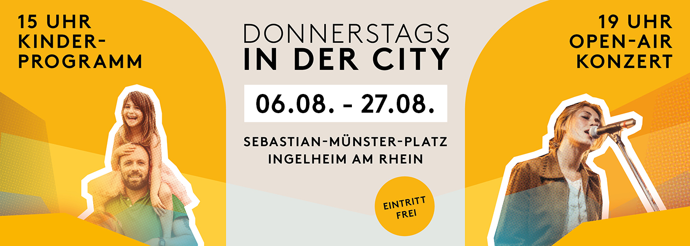Plakat Donnerstags in der City in orange/grau und dem Text "15 Uhr Kinderprogramm" und "19 Uhr Open-Air-Konzert" und "Eintritt frei"