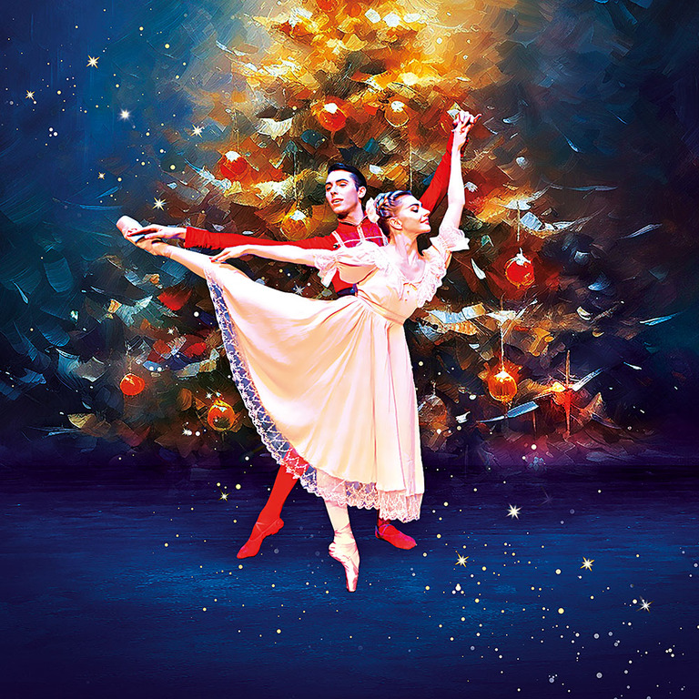 Der Nussknacker: Ballettpaar vor einem Weihnachtsbaum