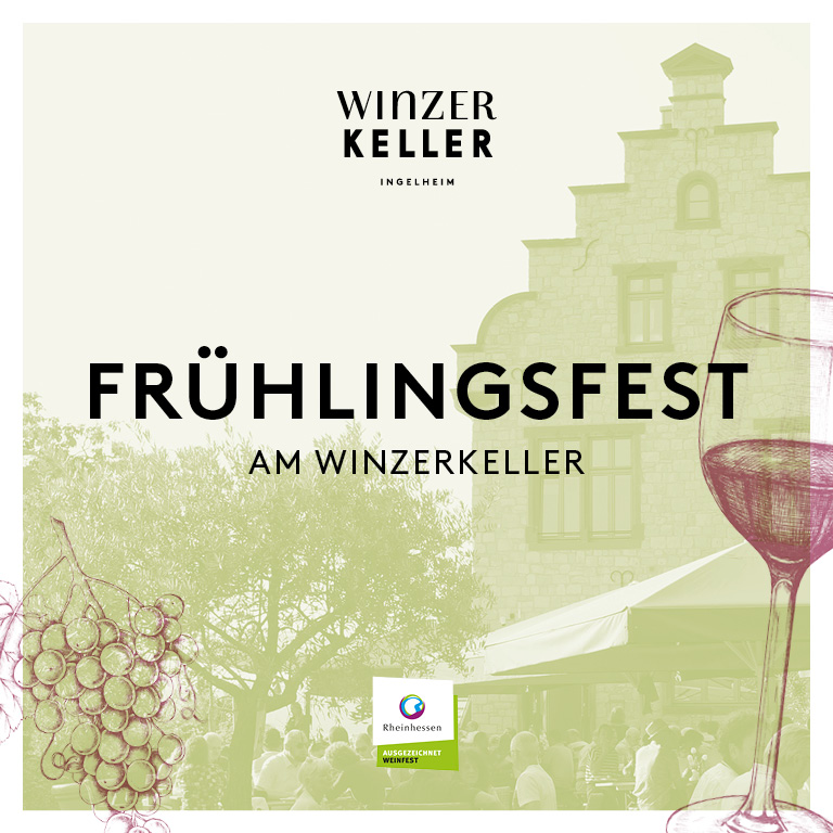 Veranstaltungsbild für das Frühlingsfest am Winzerkeller. Im Hintergrund sieht man das Winzerkeller-Gebäude, im Vordergrund ist ein Glas Rotwein zu sehen