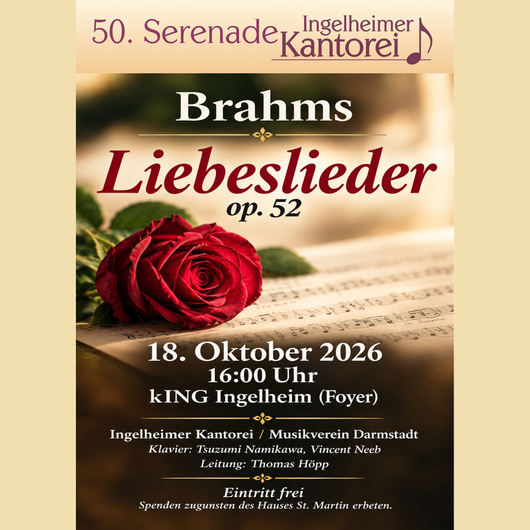Plakat der 50. Serenade der Ingelheimer Kantorei mit roter Rose auf Noten