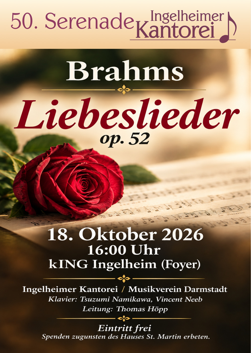 Vollständiges Plakat der 50. Serenade der Ingelheimer Kantorei mit Brahms’ Liebesliedern