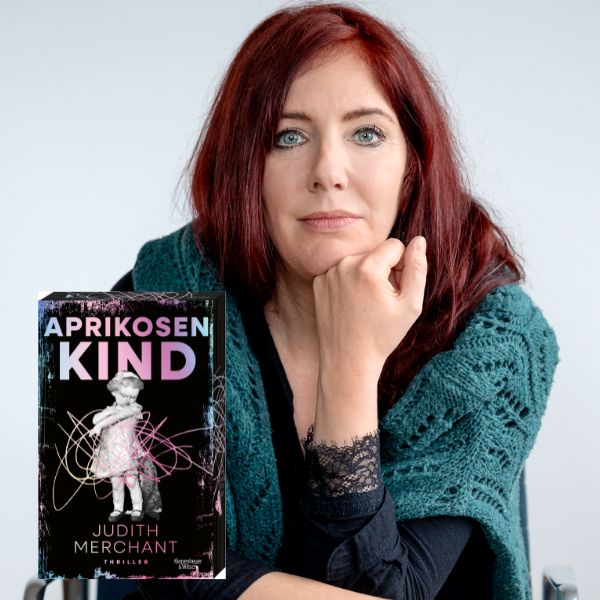 Portraitbild der Autorin Judith Merchant mit ihrem neuen Buch "Aprikosenkind".
